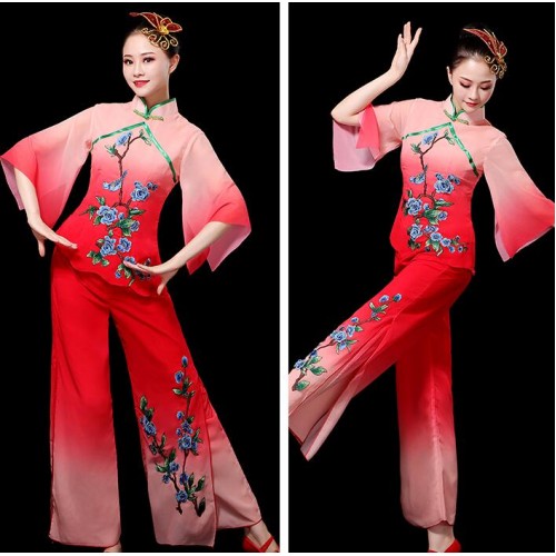 Women red  gradient flowers chinese folk dance costumes yangko dance dresses fan umbrella dance dresses female classical dance costumes